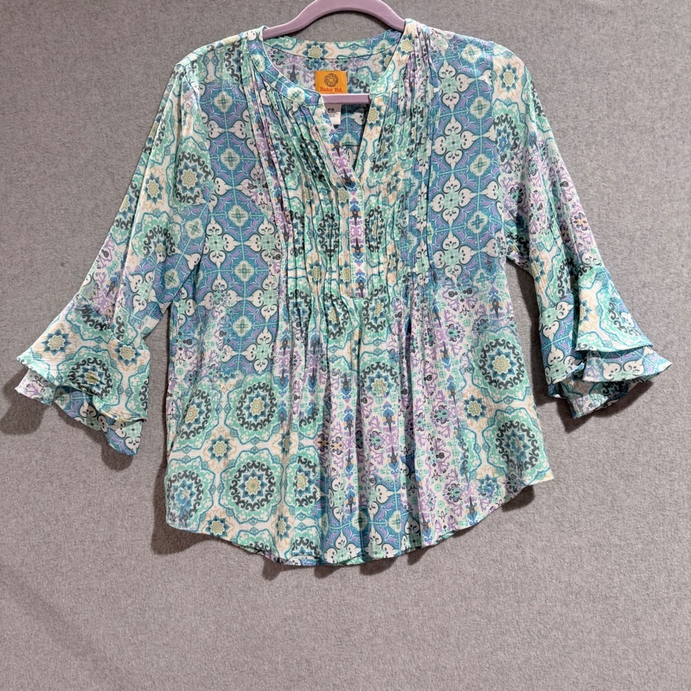 Ruby Rd Teal Purple Medallion Print Ruffle Sleeve Blouse PS Boho prairie peasant